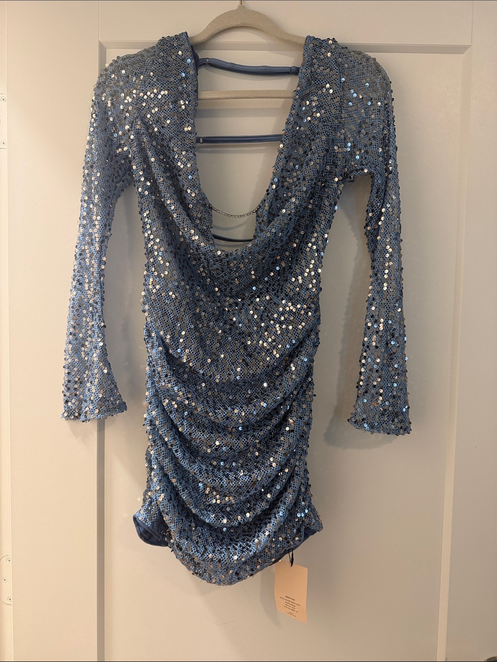 SHEIN Blue Sequin Long Sleeve Ruched Mini Dress with Open Back